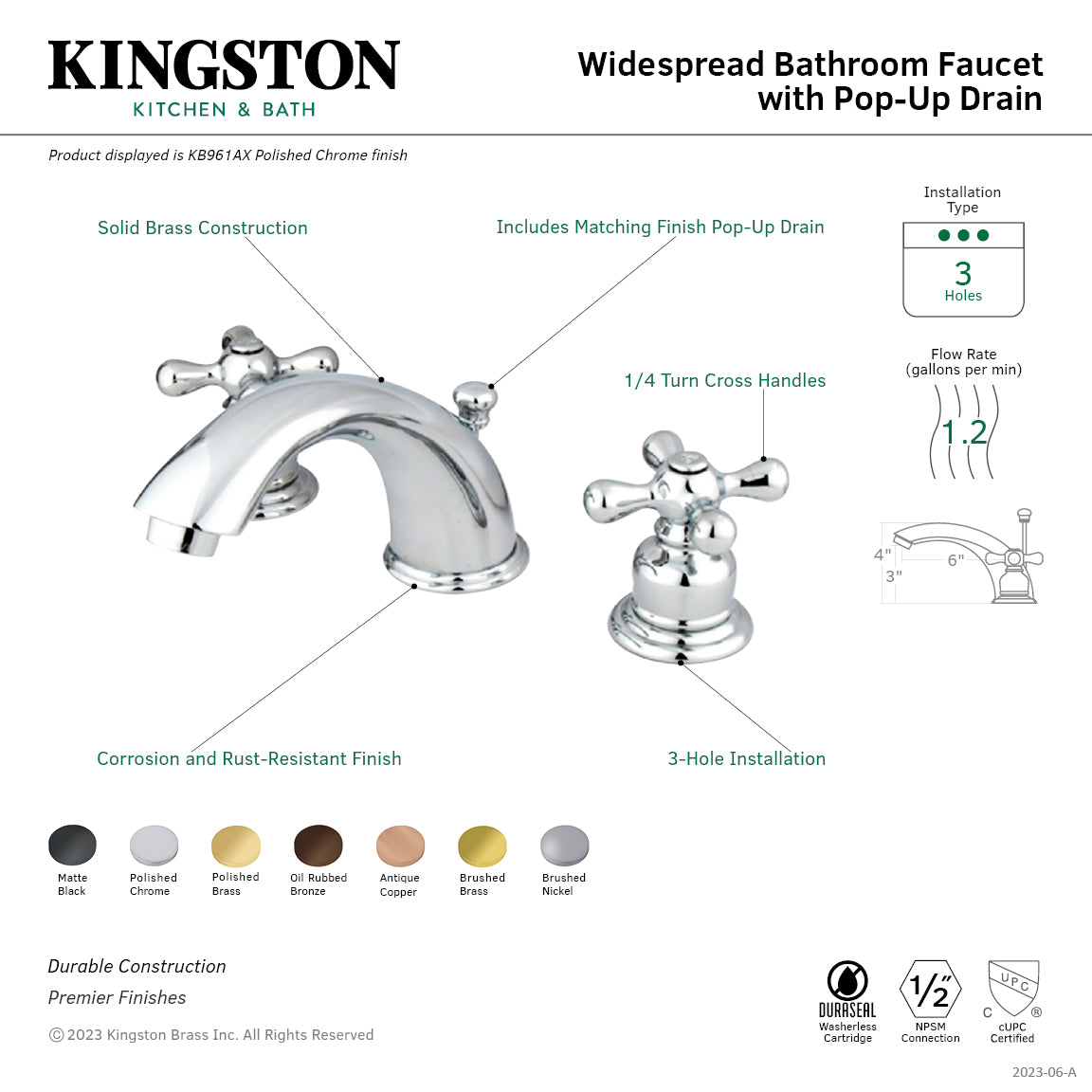Kingston Heirloom KB961AX - Victorian Two-Handle 3-Hole Deck Mount Widespread Bathroom Faucet with Pop-Up Drain, Polished Chrome — thumbnail 2